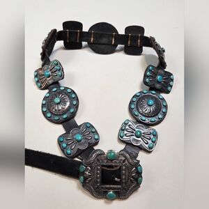Navajo Turquoise Concho Belt Kirk Smith Sterling Silver Leather 44"